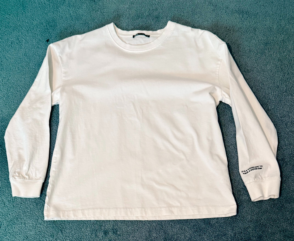 Zara Top Womens Size Small White Long Sleeve Pullover Crew Neck Cotton Casual